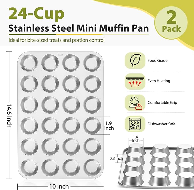 TeamFar Mini Muffin Pan, Stainless Steel 24-Cup Muffin Tin for Baking- 2PCS | Small Cupcake Pan Tray for Egg Bites Mini Cakes Quiches, Brunches Parties Birthday Treats, Healthy & Sturdy, Dishwasher Safe