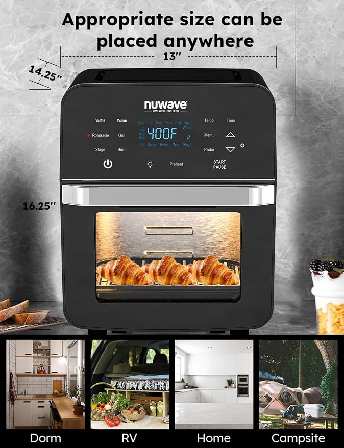 Nuwave Brio Air Fryer Oven, 15.5Qt X-Large Family Size, Powerful 1800W | SS Rotisserie Basket & Skewer-Kit, Reversible Ultra Non-Stick Grill/Griddle Plate, Integrated Smart Thermometer, Black