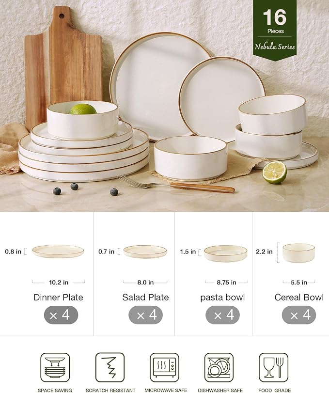Famiware Nebula 16-Piece Plates and Bowls, Vanilla White with Brown Rim | Stoneware Dinnerware Set with Pasta Bowls, Service for 4 - Chip & Scratch Resistant, Microwave & Dishwasher Safe