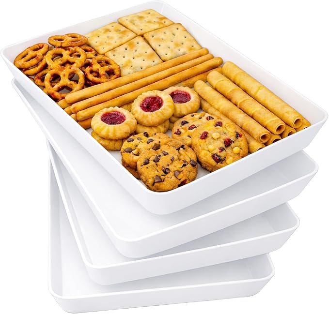 Lifewit 14.5" x 9.5" Large Plastic Serving Trays for Party, 4 Pack Reusable White Food Platters for Cookies, Desserts, Fruit, Appetizers & Charcuterie, BPA-Free Catering Trays for Parties & Buffets