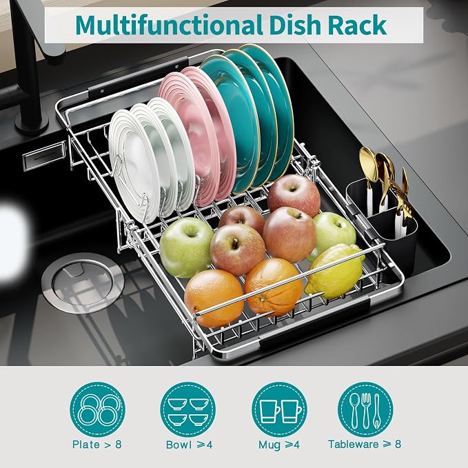 Urackify Expandable Stainless Steel Dish Drying Rack, 13-18 Inch | Expandable design in sink dish rack . Stainless steel with utensil holder, ample storage capacity ideal for small kitchens.