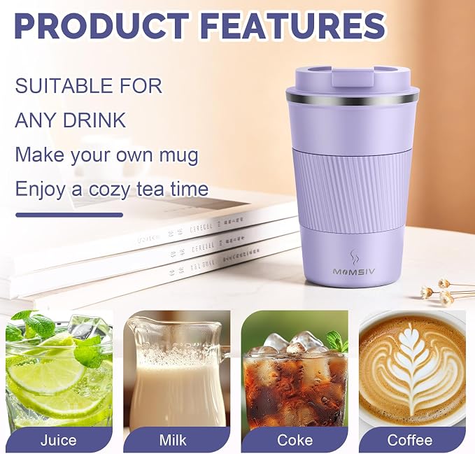 MOMSIV 12oz Travel Coffee Mug, Insulated Coffee Cup with Leakproof Lid | 6-Hour Heat Retention, 360°Leak proof, Vacuum Stainless Steel Double Walled, BPA-free, Reusable And To Go Coffee Mug