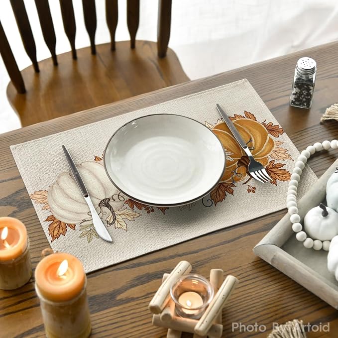 Artoid Mode Orange Pumpkin Leaves Fall Placemats Set of 4-12 x 18 Inch | Heat-Resistant Table Mats, Washable Seasonal Autumn Kitchen Dining Decor