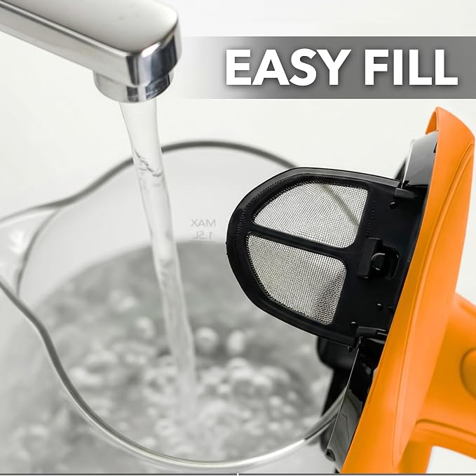 OVENTE 1.5L Glass Electric Kettle Water Boiler, Orange KG83O | 1100W Fast Boiling, Borosilicate Glass, BPA-Free, Blue LED, Auto Shut-Off, Boil-Dry Protection, Removable Filter, 360° Base