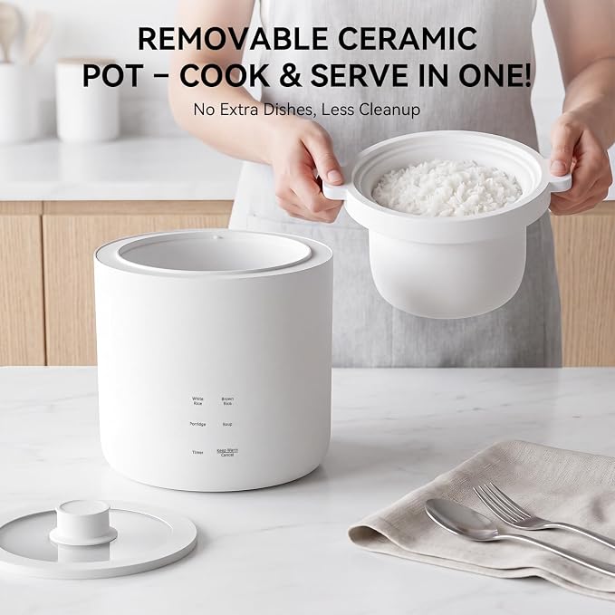 Mini Rice Cooker 2 Cup Uncooked, Small Electric Cooker, with 4 Cooking Functions, 24 Hour Preset and Heat Preservation, Anti Scald Carry Handle | Portable Rice Maker with 4 Cooking Functions, Nonstick Ceramic Coating, 24 Hour Preset, Auto Keep Warm for...