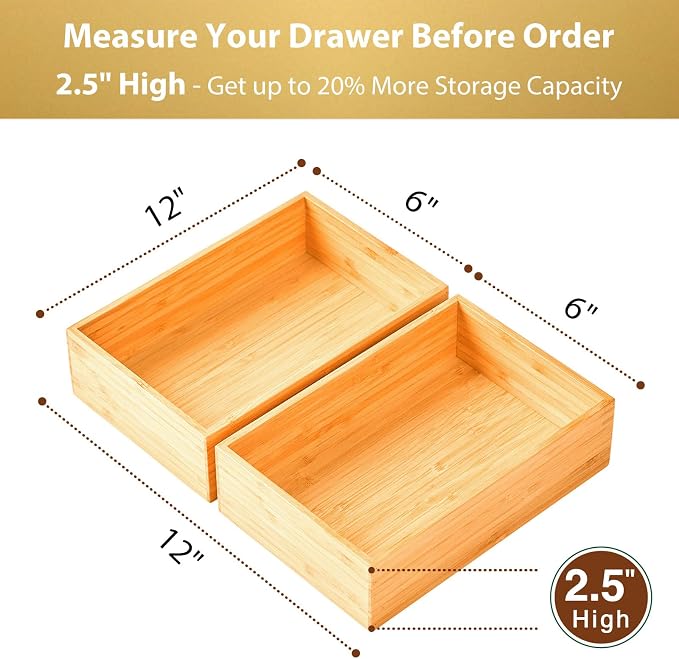 Bamboo Kitchen Utensils Organizer, Extra High Silverware Drawer Holder, Flatware Cutlery Storage Box, Multi-Use Drawer Divider in Office, Bathroom, Pantry - 12"x6"x2.5" (Set of 2)