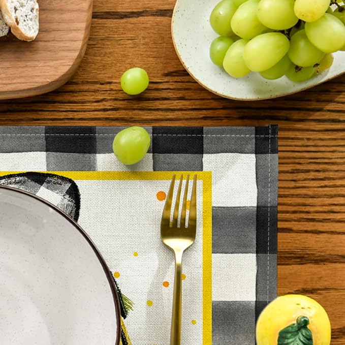 Artoid Mode Buffalo Plaid Lemon Placemats for Dining Table, 12 x 18 Inch Summer Seasonal Decoration Rustic Washable Table Mats Set of 4