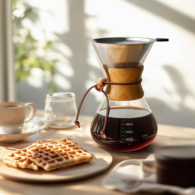 Pour Over Coffee Maker 20 OZ, 6 Cup Borosilicate Glass Drip Coffee Maker with Reusable Stainless Steel Filter and Cork Grip for Home Café 600 ML