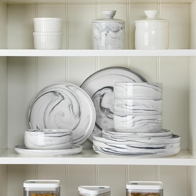 MALACASA 12 Pcs Porcelain Plates and Bowls Sets,Dinnerware Set for 4,Grey | Modern Ceramic Dishware Set,Kitchen Dining Ware,Microwave and Dishwasher Safe,Unique Marble Grey Design,Series LUNA