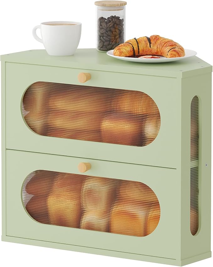 Corner Bread Box for Kitchen Countertop, 2026 New Double Layer Bamboo Bread Storage Bin, Large Bread Container for homemade bread (Green)