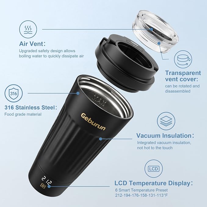 Travel Electric Kettle Portable Water Boiler, 400ml Small Tea Maker with 6 Temp Settings LCD Display, 316 Stainless Steel Vacuum Insulated Tumbler, 100V-240V, Travel Gifts for Men Women(Black)