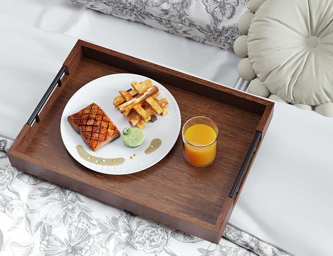 Fibogollo Set of 2 Bamboo Serving Trays with Metal Handles(Brown) | Ottoman Decorative Trays Platter for Coffee Table,Living Room,Bar,Party,Holiday Hosting and Outdoor Entertaining