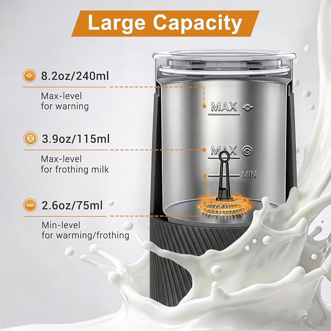 Wowteam Milk Frother, 4-in-1 Electric Milk Steamer, Warm and Cold Milk Warmer and Foam Maker for Coffee, Latte, Cappuccinos, Macchiato, 8.2oz/240ml, Stainless Steel (Black)