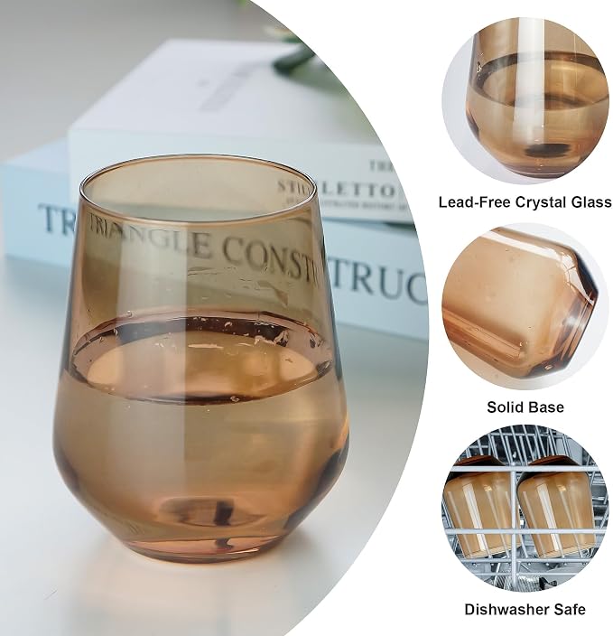 Brown Stemless Wine Glasses Set of 6, 15oz Drinking Glassware Dishwasher Safe, Wine Glass Tumblers for Red or White, Gift for Party, Holiday, Anniversary, Restaurant, Home Bar, Daily Use