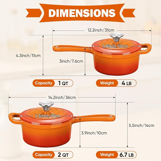 Homikit 1 QT & 2 QT Saucepan Set, Enameled Cast Iron Saucepan with Lid for All Cooktops, Small Pot Mini Dutch Oven for Kitchen Cooking, Boiling, Nonstick & Heavy Duty, Flame Orange