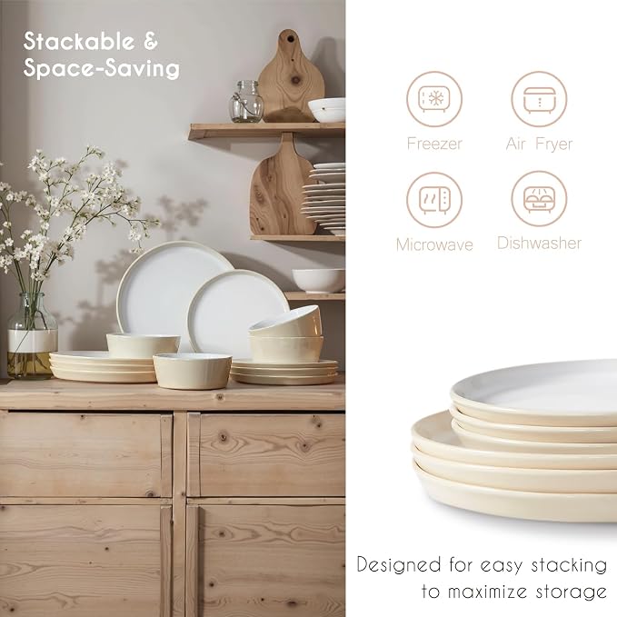 Stoneware Dinnerware Set for 4(12Pcs) – Microwave & Dishwasher Safe Plates and Bowls with Reactive Glaze – Rustic Farmhouse Modern Design for Everyday Dining, Wedding & Outdoor - Light Beige