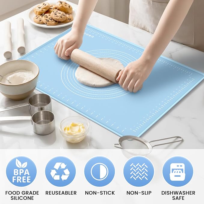 28x20 Silicone Rolling Mat Non-Stick Food Grade Baking Mat w/Measurements | Non-slip edges, heatproof silicone, nonstick, measuring guides, oven/dishwasher safe, tearproof, easy clean.