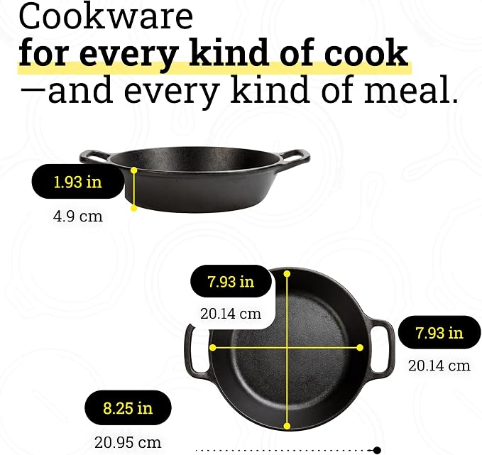 Lodge Seasoned Cast Iron Dual Handle Pan 8 Inch - Cast Iron Frying Pan - Even Heat Distribution - Oven & Stovetop Safe - PFAS-Free, Non-Toxic Cookware