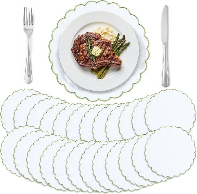Set of 24 White Cotton Placemats 15" Round Scalloped Green | Double Layered Cotton Fabric, Washable Embroidery, Green Edge Edge, Rustic Table Mats for Wedding Dining Table Decor