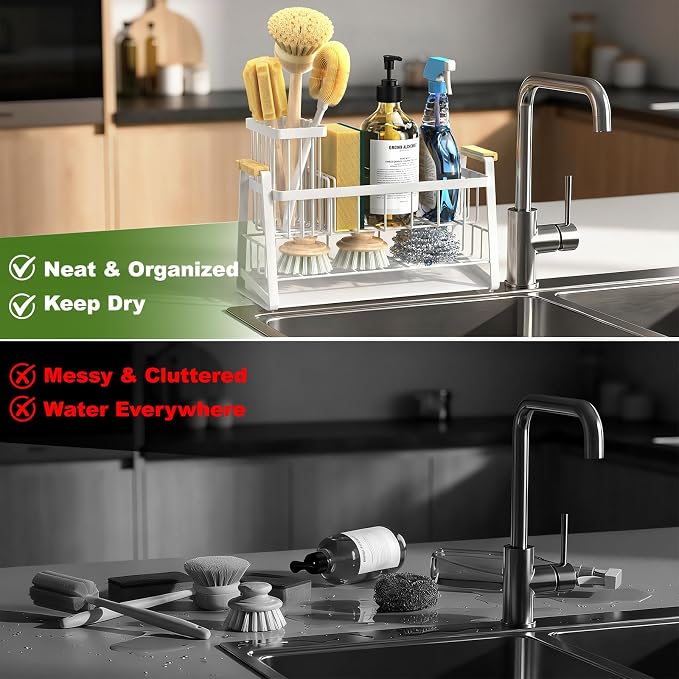 Housolution 2-Tier Sponge Holder for Kitchen Sink Caddy with Brush Holder | Auto-Draining, Suction Cups, Wooden Handle , Kitchen Sink Countertop Organization Storage, Dish Soap Holder, Rustproof, White