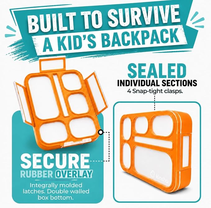 Bento Lunch Box for Kids, Boys, Girls, Adults, 6 Compartment Lunch-Boxes, Leakproof School Snack or Meal Portion Container, Utensils, BPA-Free, Orange