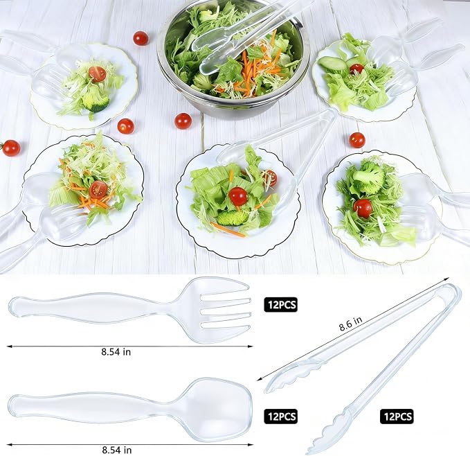 36Pcs Clear Plastic Serving Utensils, Spoons Forks and Tongs Set (Clear) | Disposable party utensils for dinner parties, buffets, salad, noodles, soup and weddings, clear serving supplies set