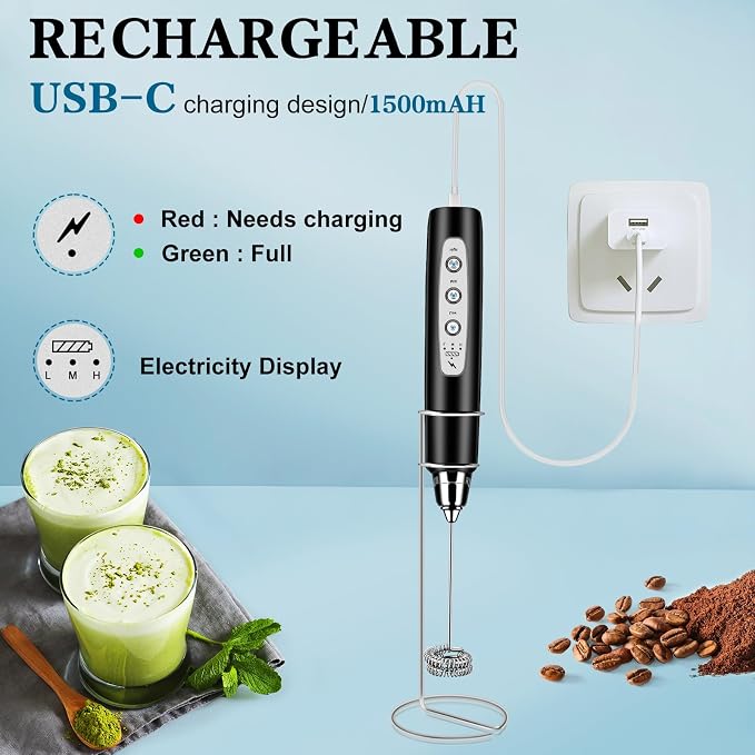 Milk Frother Wand Rechargeable Handheld Whisk Coffee 3 Speed Adjustable | Electric Whisk Drink Mixer with Stainless 3 Whisks Hand Frother , Foam Maker for Latte Cappuccino Matcha Egg Silver