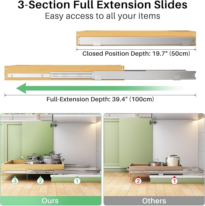 Pull Out Cabinet Organizer, Soft Close Wooden Slide Out Drawers for Pots and Pans, Full-extension Roll Out Shelves for Kitchen Cabinets, Pantry Organization, Bottom & Side Mount(15"W X 21"D x 3.4''H)