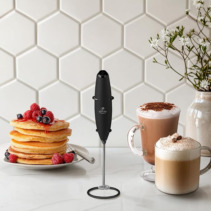 Zulay Kitchen Powerful Milk Frother Wand With Duracell Batteries - Ultra Fast Handheld Drink Mixer - Electric Whisk Foam Maker for Coffee, Lattes, Cappuccino & Matcha - Z1 Motor - Executive Black