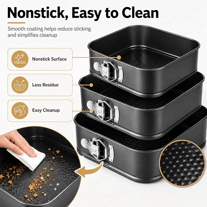 Square Springform Pan Set, 8/9/10 Inch, Nonstick | 3 Pack Cheesecake Pans with Removable Bottom, Carbon Steel Square Cake Pans for Baking Cheesecake, Pizza, Quiche, Desserts