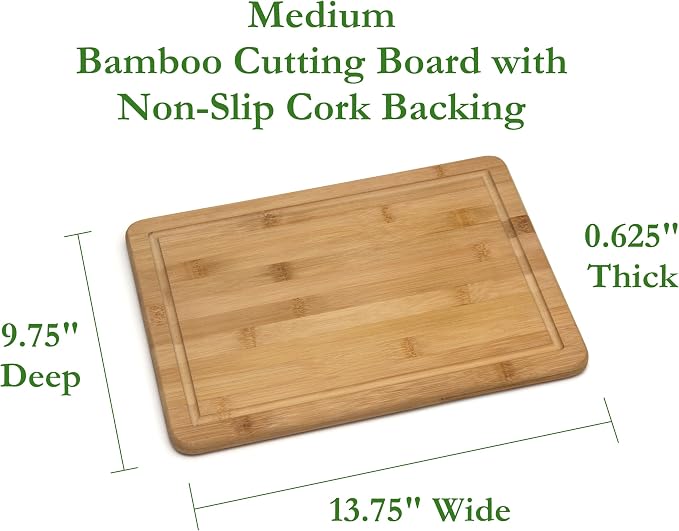 Lipper International Bamboo Wood Kitchen Cutting and Serving Board with Non-Slip Cork Backing, Medium, 13-3/4" x 9-3/4" x 5/8"