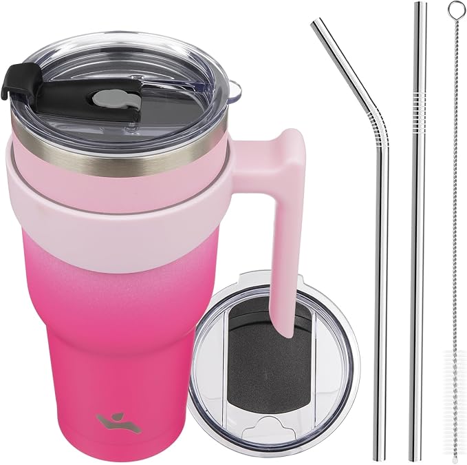 Konokyo 40 oz Tumbler with Handle and Straw, Insulated Travel Mug | Cherry; BPA-free, leak-proof tumbler with 2 lids, 2 straws, cup holder fit for coffee, office, travel & daily use