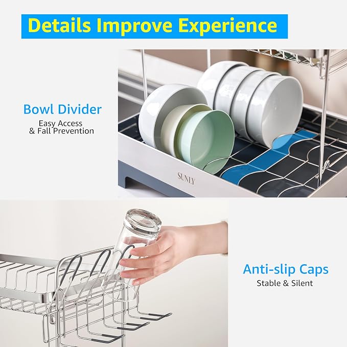 Large Dish Drying Rack, Multipurpose 2 Tier Dish Racks for Kitchen Counter, 304 Stainless, Extra Large Drain Board, Gray