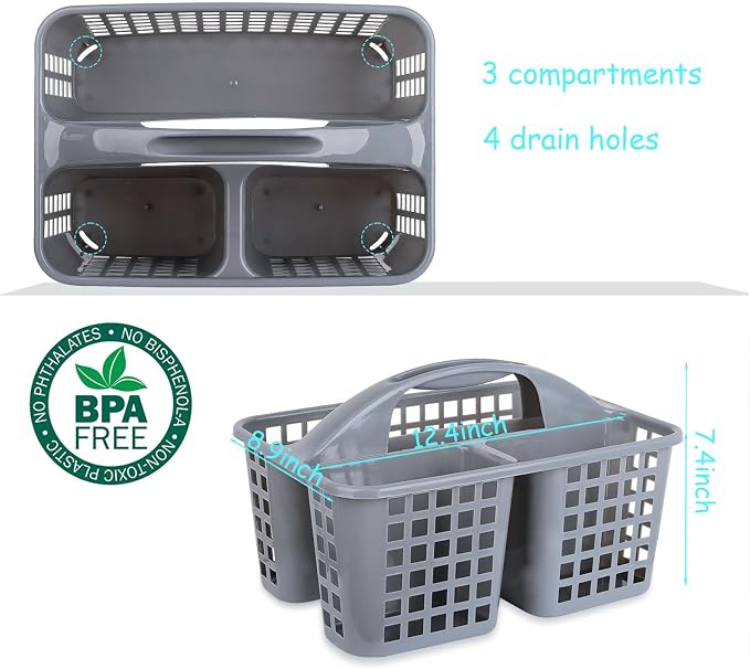 Portable Shower Caddy Basket Plastic Storage Basket with Compartments Grey | Sturdy Large Capacity Cleaning Supplies Organizer Divided Tool Bin for Bathroom Kitchen Bedroom College Dorm Essentials