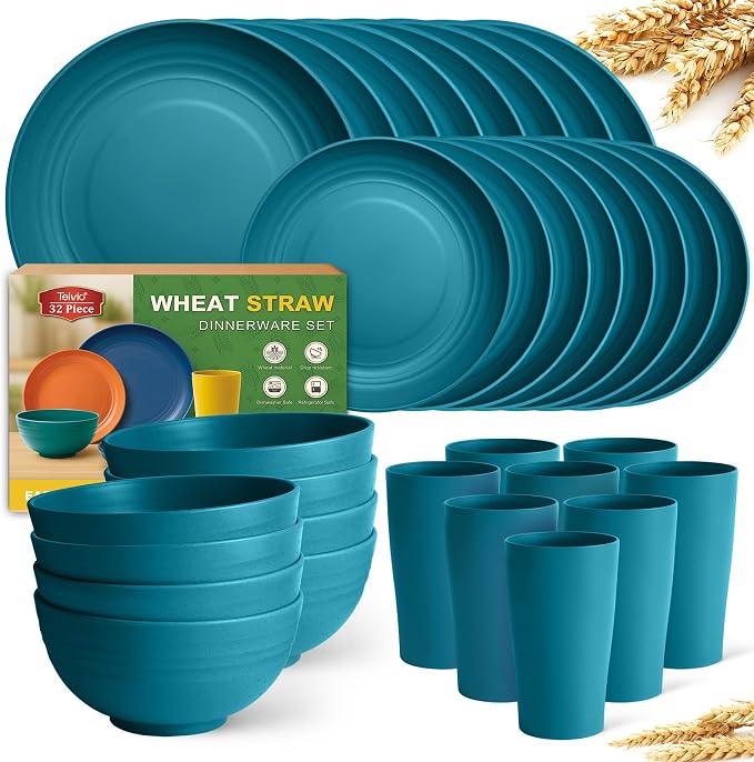 Teivio 32-Piece Plates and Bowls Sets for 8, Wheat Straw Dinnerware Sets | 13.5oz Cups, Plastic Unbreakable Dish Set, Dishwasher, for Outdoor Camping RV Kitchen Dinning Dorm Essentials, Dark Teal