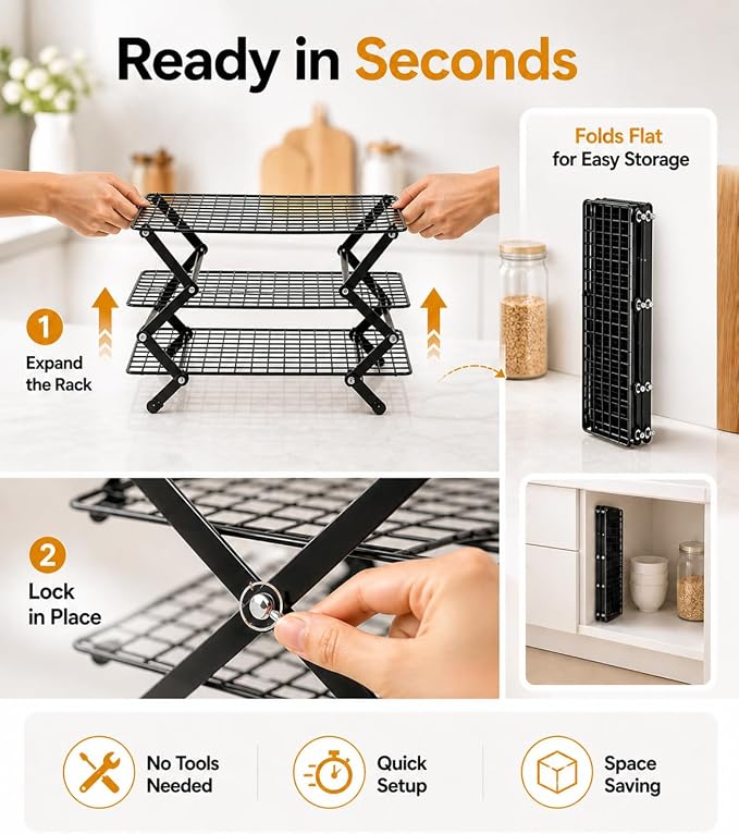 Cooling Racks For Cooking And Baking, 2/3/4-Tier Collapsible Cookie Cooling Rack With Adjustable 3 Setting Design Stackable Roasting Cooking Drying Wire Cooling Rack For Cookies Bread Baking