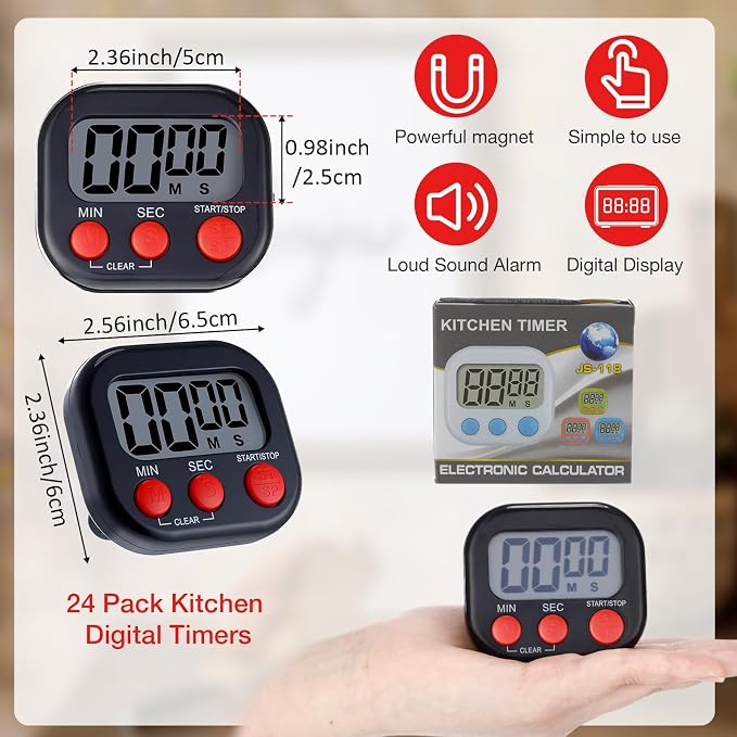 Leumoi 24 Pack Multi-Function Digital Timers with Magnetic Back, Large LCD Display, Loud Alarm, Count up & Countdown, Memory Function for Cooking, Classroom, Study, Exercise & Work(Black and Red)