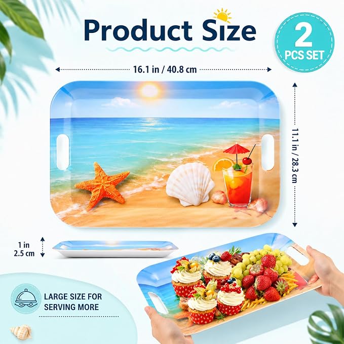2 Pcs Summer Beach Serving Trays with Handles Colorful Beach Party Party Decorations 16 X 11inch Large Melamine Serving Platters for Birthday Baby Shower Hawaiian Tropical Summer Parties Supplies