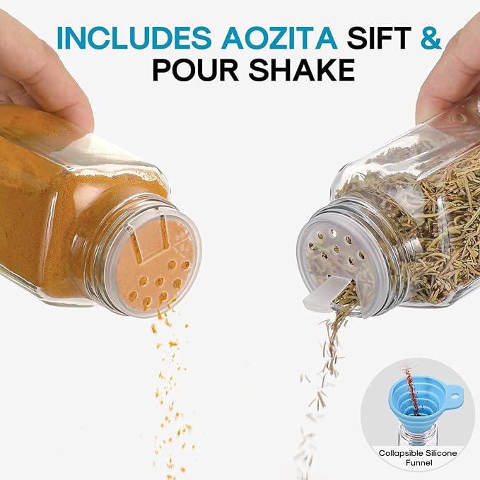 AOZITA 14 Pcs Glass Spice Jars with Black lids - 4oz Empty Square Spice Bottles and Spice Labels - Black Shaker Lids and Airtight Metal Caps - Silicone Collapsible Funnel Included