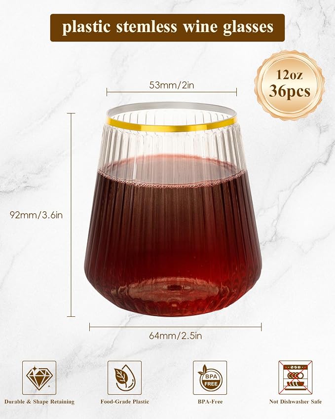 Goodluck 36 Pack 12oz Stemless Plastic Wine Glasses Clear Ribbed Gold Rim | Fancy Reusable Disposable Drinkware for Weddings, Parties, Bars, Indoor and Outdoor Events