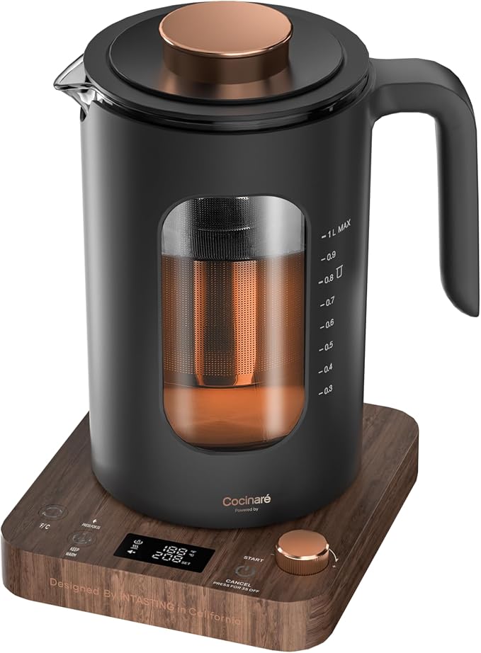 INTASTING Electric Kettle, Electric Tea Kettle with Infuser, 1 Liter | ±1℉ Temperature Control, 1200W Fast Heating, BPA-Free Glass, Easy to Clean, Keep-warm, Auto shut-off, Wood