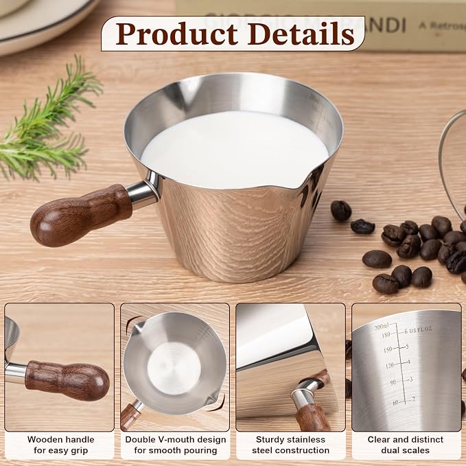 Amrules Espresso Cup, 6.8 oz/200 ml Stainless Steel Coffee Shot Measuring Cup with Wood Handle, Double V-Shaped Mouth and Clear Scale for Cappuccino Barista Coffee Bar Accessories, Silver