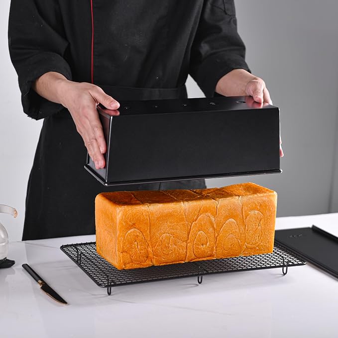 Commercial Pullman Loaf Pan with Lid, 2.2Lb Aluminum Dough Capacity Non-stick Rectangle Flat Toast Box for Oven Baking 13.6"×5.4"×4.7"(Black)