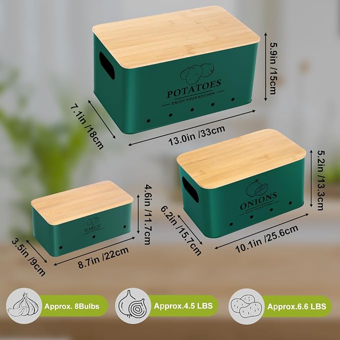Kitchen Vegetable Storage Set of 3, Metal Onion Garlic Potato Storage Set, Kitchen Canisters Vegetable Keeper Containers with Aerating Holes and Bamboo Lid,Alpine Green