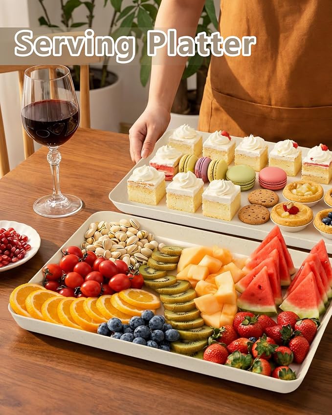 YOUBET 8PCS Ivory Wheat Straw Plastic Serving Trays for Party Wedding | Ivory Wheat Straw Trays for Serving Food - Super Strong Disposable Platters, Heavy Duty Plastic Trays for BBQ, Picnic