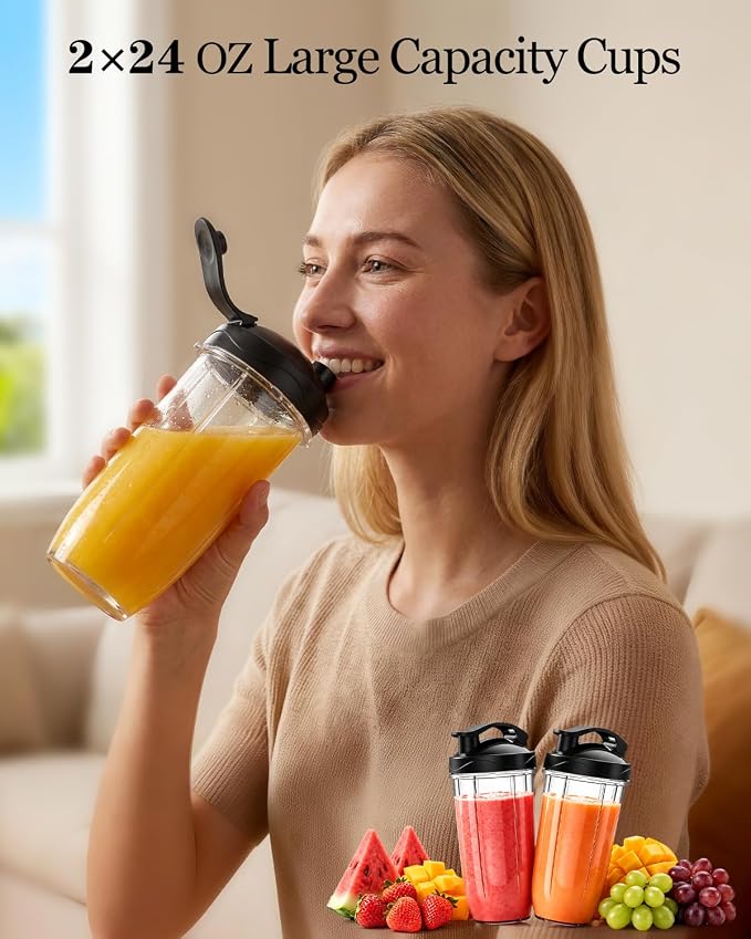 Personal Bullet Blender for Smoothies and Shakes, Kitchen Portable Compact Smoothie Maker with 2×24oz To-Go Cups, 10oz Grinding Cup for Frozen Drinks, Small Ice, and Spices