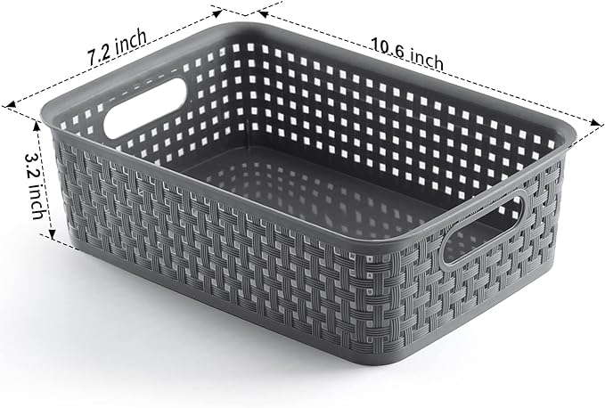 NETANY Plastic Storage Baskets - 8 Pack, Gray, Durable, Easy to Use, Flexible, Multi-Purpose, Ideal for Closets, Cabinets, Shelves, Countertops