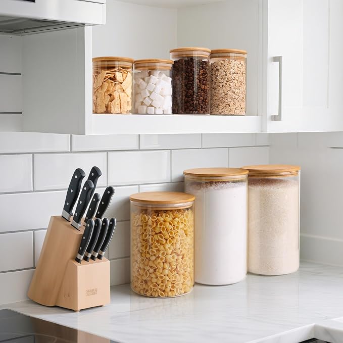ComSaf Flour Sugar Storage Containers 4 Qt, 2 Pack Glass Flour Container | 26.6cm/10.5in Tall, Gallon Large Glass Storage Canisters, 15cm Extra Wide Mouth, Easy Clean and Scoop, 4.6lb Flour, BPA Free