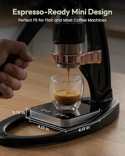 Maestri House S2 Espresso Coffee Scale with Timer 0.1g Precision Shot Scale | USB-C Rechargeable, Dual Timing Modes, 2kg/0.1g Digital Scale with Borosilicate Glass Top for Espresso and Pour-Over Brewing
