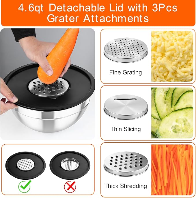 TeamFar Mixing Bowls with Lids, 5PCS Stainless Steel Metal Salad Bowl | with lids & 3 Grater Attachments, for Cooking/Prepping/Serving, Airtight Lids & Easy Clean - 0.7/1/1.5/2.6/4.6QT, Black